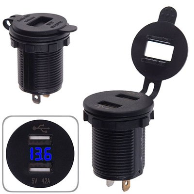 Автомобільний зарядний пристрій 2 USB 12-24V урізне в планку + вольтметр 10254 USB-12-24V 4.2A BLU фото