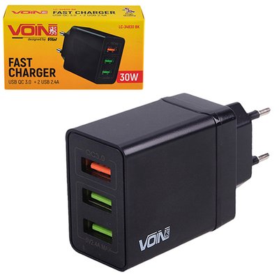 Мережевий зарядний пристрій VOIN 30W, 3 USB, QC3.0 (Port 1-5V*3A/9V*2A/12V*1.5A. Port 2/3-5V2.4A) LC-34830 BK фото