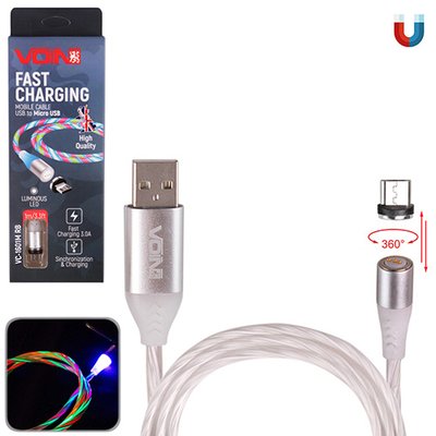 Кабель магнітний Multicolor LED VOIN USB - Micro USB 3А, 1m, (швидка зарядка / передача даних) VC-1601M RB фото