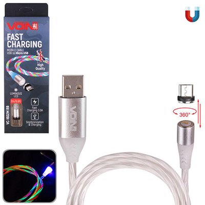 Кабель магнітний Multicolor LED VOIN USB - Micro USB 3А, 2m, (швидка зарядка / передача даних) VC-1602M RB фото