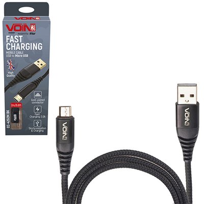Кабель VOIN USB - Micro USB 3А, 1m, black (швидка зарядка/передача даних) CC-4201M BK фото