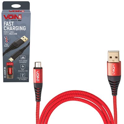 Кабель VOIN USB - Micro USB 3А, 2m, red (швидка зарядка/передача даних) CC-4202M RD фото